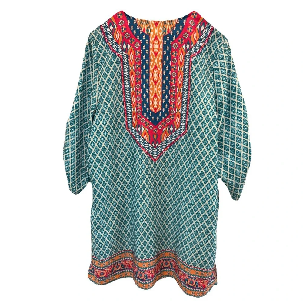 Urban Coco Tunic Dress Size XL Colorful Blue Ruched 3/4 Sleeves Boho Shirt Dress
